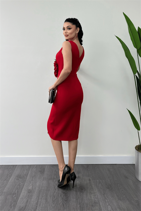 Atlas Kumaş Gül Detaylı Kalem Elbise - KIRMIZI