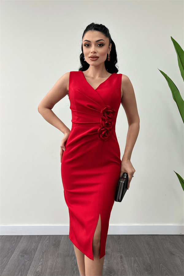 Atlas Kumaş Gül Detaylı Kalem Elbise - KIRMIZI