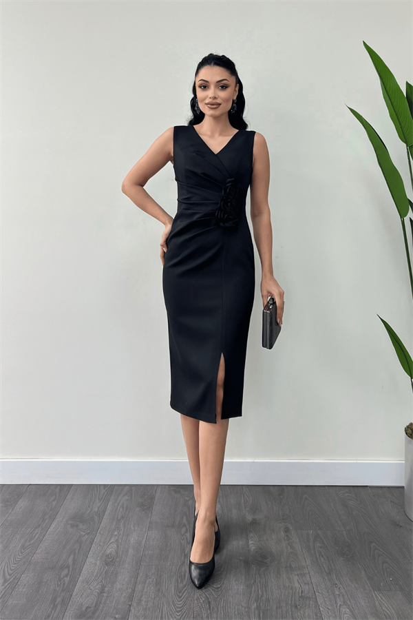 Atlas Kumaş Gül Detaylı Kalem Elbise - SİYAH