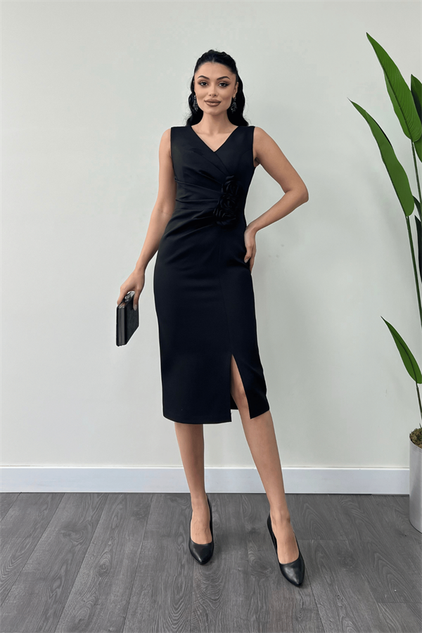 Atlas Kumaş Gül Detaylı Kalem Elbise - SİYAH