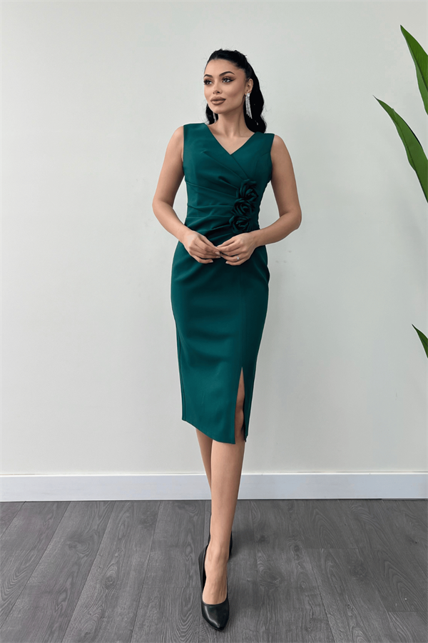 Atlas Kumaş Gül Detaylı Kalem Elbise - ZÜMRÜT YEŞİL