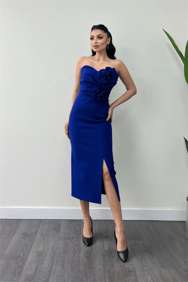 Atlas Kumaş Gül Detaylı Straplez Kalem Elbise - SAKS MAVİ