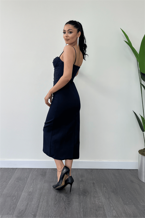 Atlas Kumaş İnci Detaylı Askılı Kalem Elbise - LACİVERT