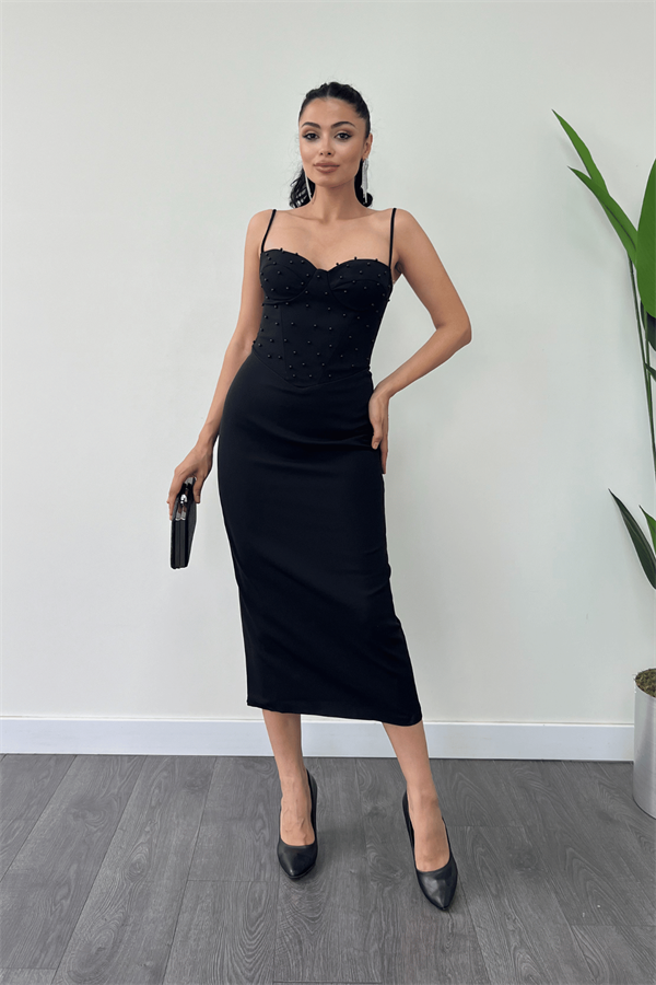 Atlas Kumaş İnci Detaylı Askılı Kalem Elbise - SİYAH