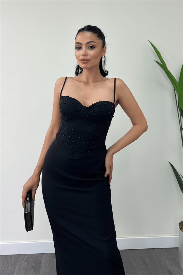 Atlas Kumaş İnci Detaylı Askılı Kalem Elbise - SİYAH