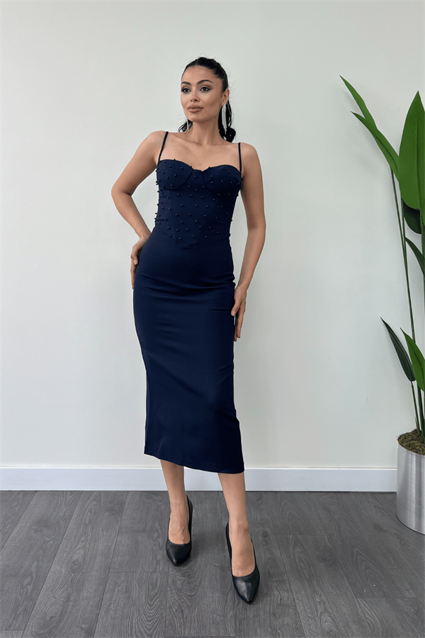 Atlas Kumaş İnci Detaylı Askılı Kalem Elbise - LACİVERT