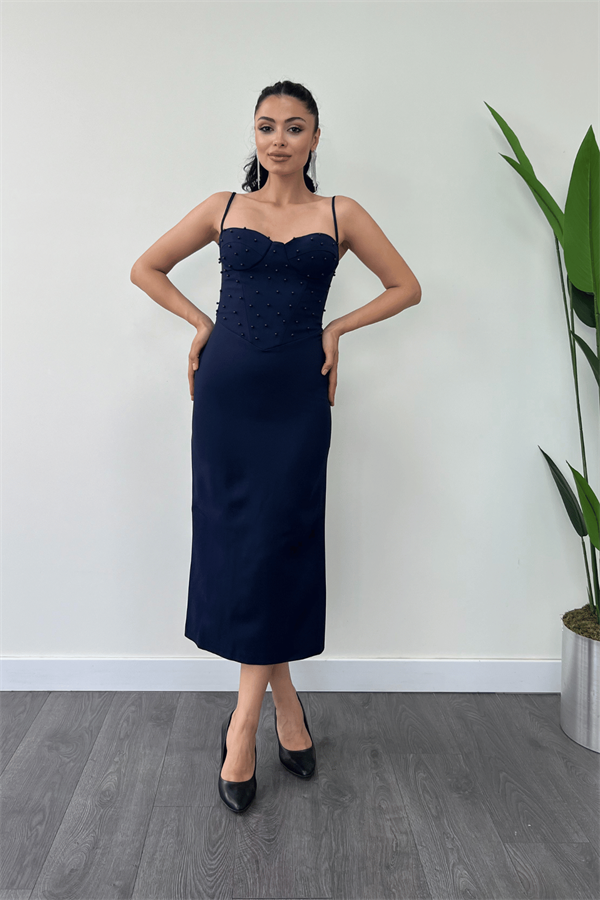 Atlas Kumaş İnci Detaylı Askılı Kalem Elbise - LACİVERT
