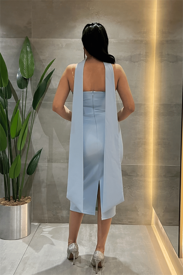 Atlas Kumaş İşleme Detaylı Kalem Elbise - BEBE MAVİSİ
