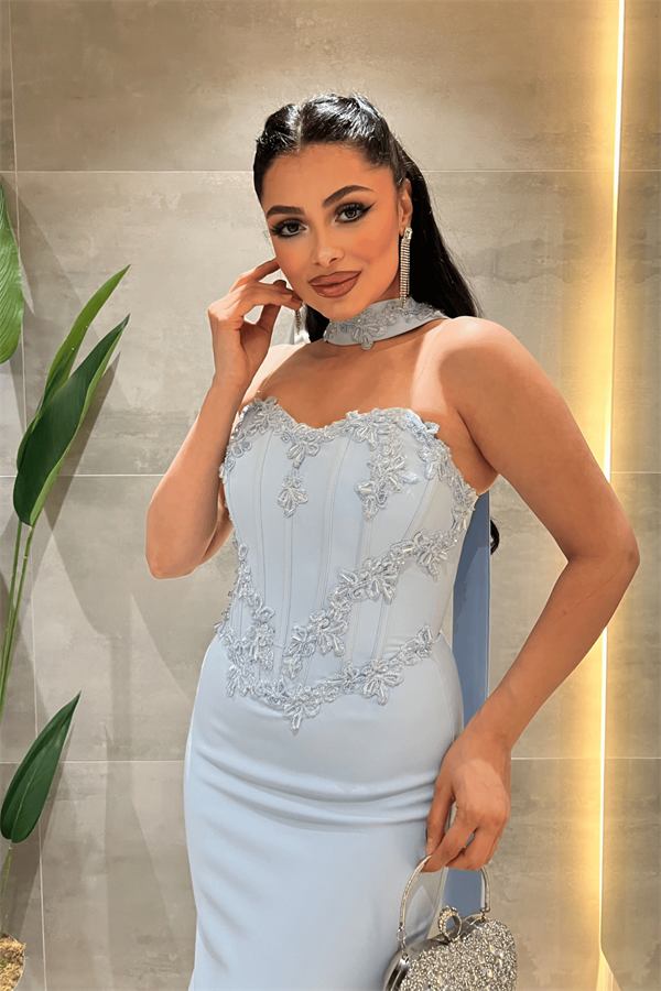 Atlas Kumaş İşleme Detaylı Kalem Elbise - BEBE MAVİSİ