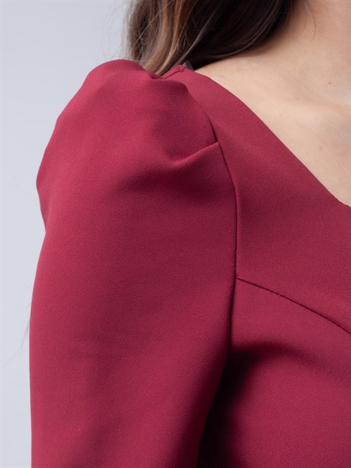 Atlas Kumaş Kalp Yaka Kemerli Elbise - BORDO