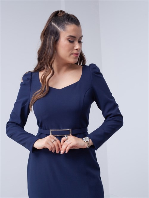 Atlas Kumaş Kalp Yaka Kemerli Elbise - LACİVERT