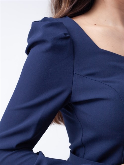 Atlas Kumaş Kalp Yaka Kemerli Elbise - LACİVERT