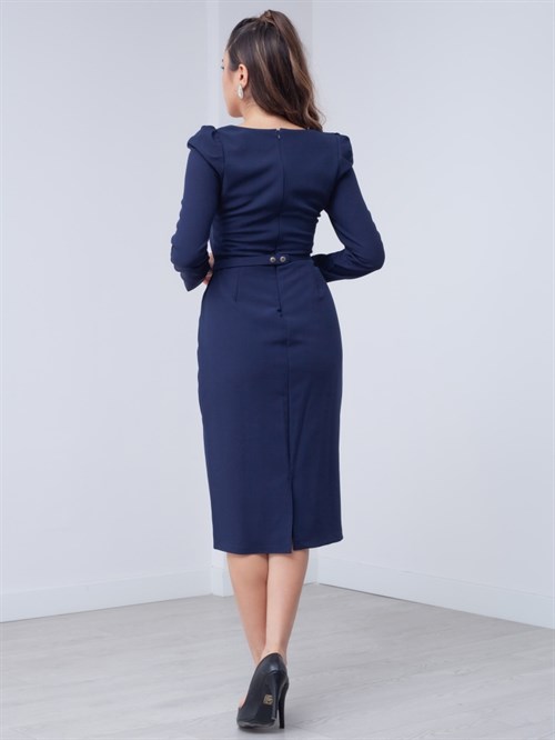 Atlas Kumaş Kalp Yaka Kemerli Elbise - LACİVERT