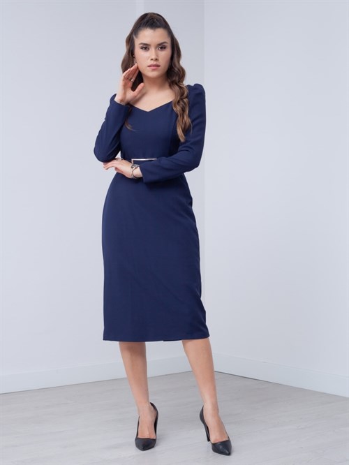 Atlas Kumaş Kalp Yaka Kemerli Elbise - LACİVERT