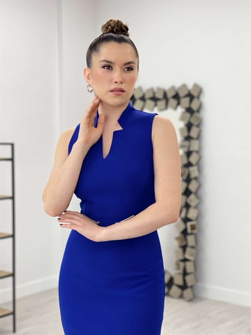 Atlas Fabric Belt Detailed Pencil Dress - Sax Blue