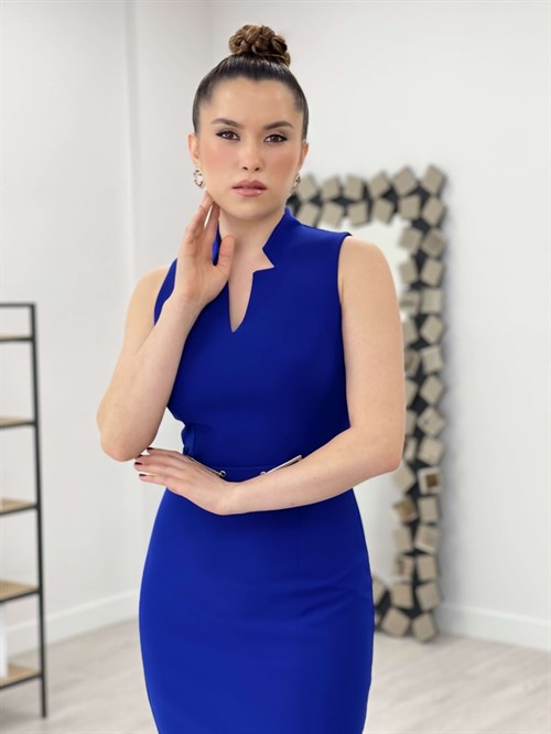 Atlas Fabric Belt Detailed Pencil Dress - Sax Blue