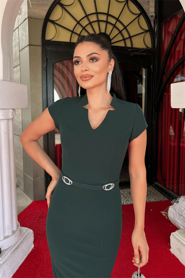 Atlas Kumaş Kemer Detaylı Kalem Elbise - ZÜMRÜT YEŞİL
