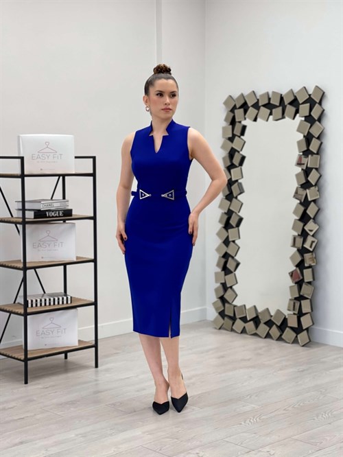 Atlas Fabric Belt Detailed Pencil Dress - Sax Blue