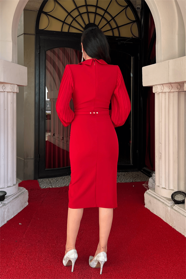 Atlas Kumaş Kolları Pile Detaylı Ceket Elbise - KIRMIZI