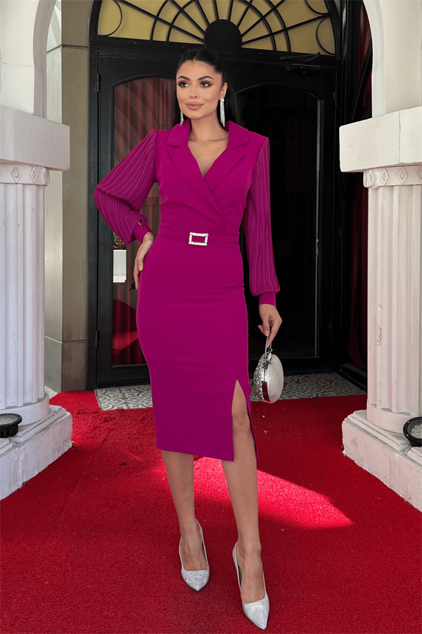 Atlas Kumaş Kolları Pile Detaylı Ceket Elbise - FUŞYA