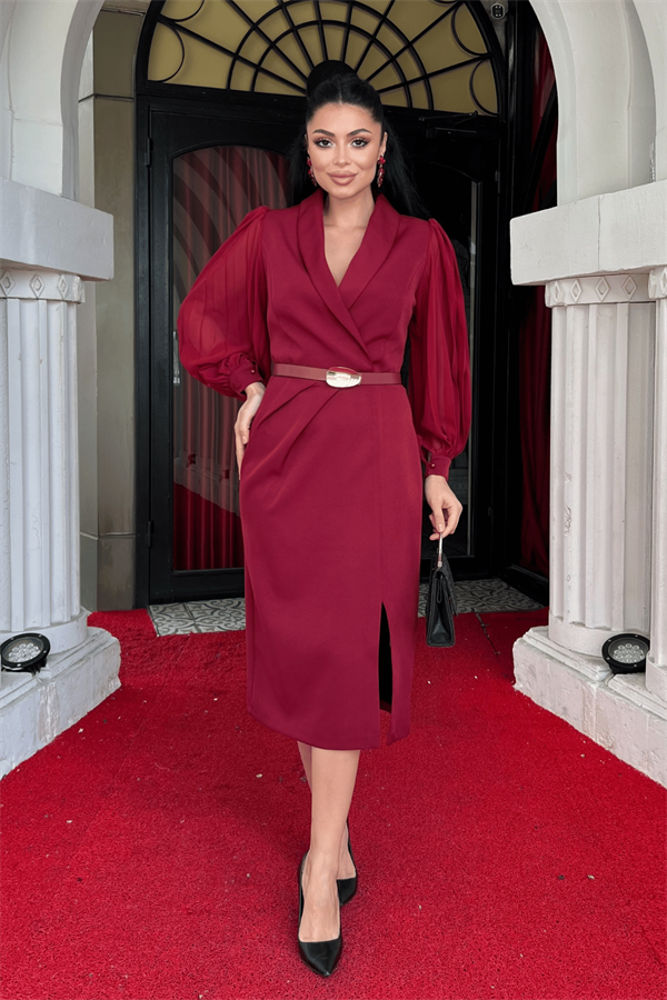 Atlas Kumaş Kolları Şifon Detaylı Ceket Elbise - BORDO