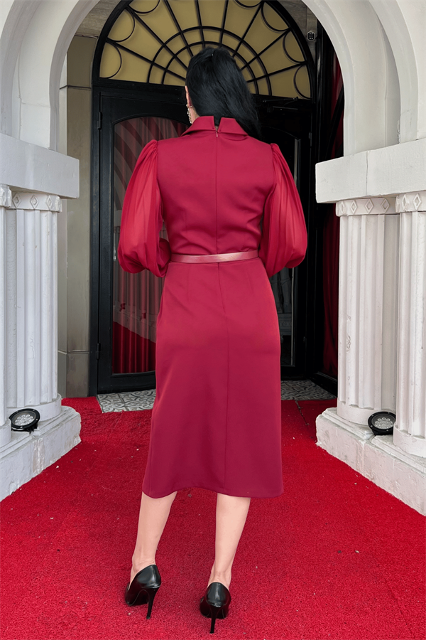 Atlas Kumaş Kolları Şifon Detaylı Ceket Elbise - BORDO