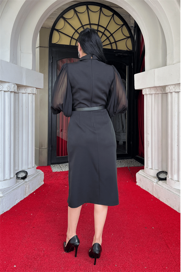 Atlas Kumaş Kolları Şifon Detaylı Ceket Elbise - SİYAH