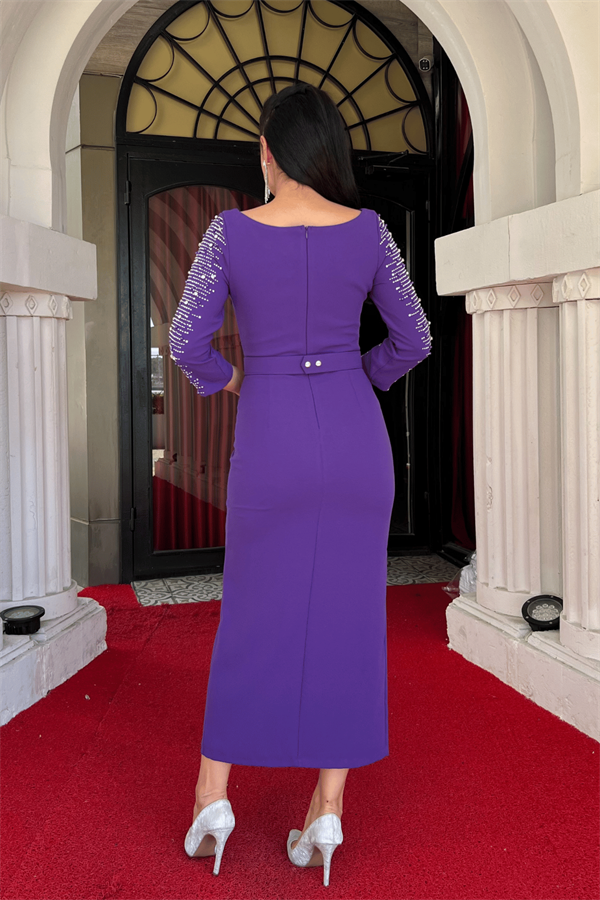 Atlas Kumaş Kolları Taş Detaylı Kalem Elbise - MOR