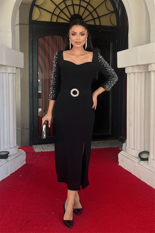 Atlas Kumaş Kolları Taş Detaylı Kalem Elbise - SİYAH