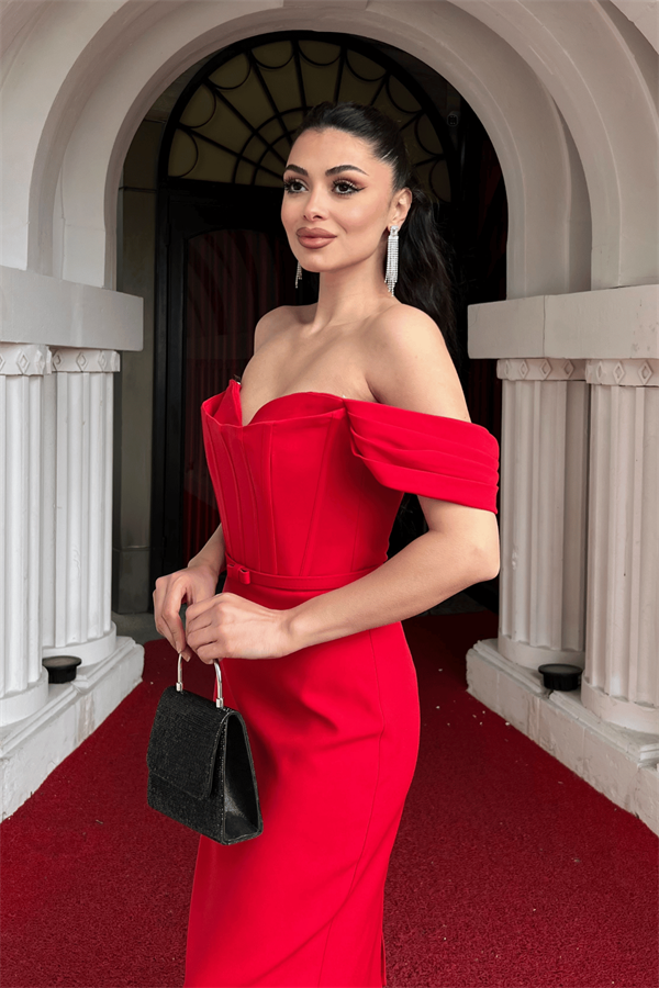 Atlas Kumaş Korse Detaylı Kalem Elbise - KIRMIZI