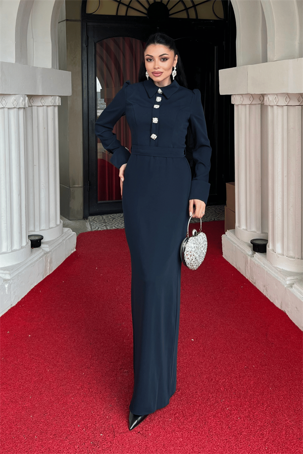 Atlas Kumaş Manşet Detaylı Abiye Elbise - LACİVERT