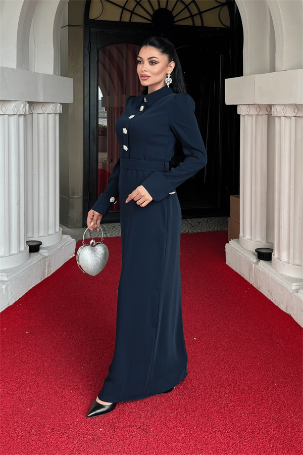 Atlas Kumaş Manşet Detaylı Abiye Elbise - LACİVERT