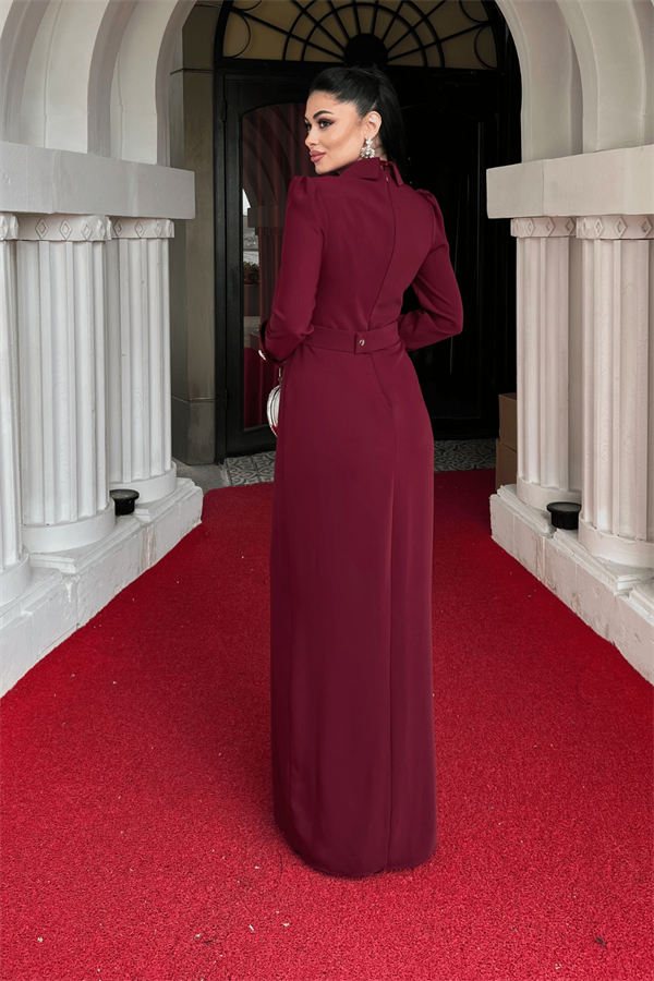 Atlas Kumaş Manşet Detaylı Abiye Elbise - BORDO