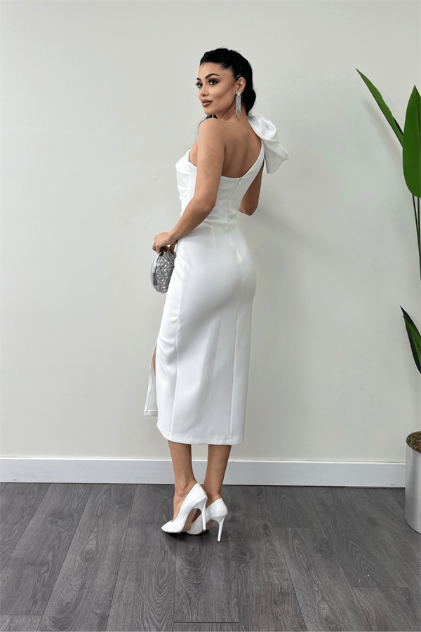 Atlas Kumaş Omuz Organze Detaylı Kalem Elbise - BEYAZ