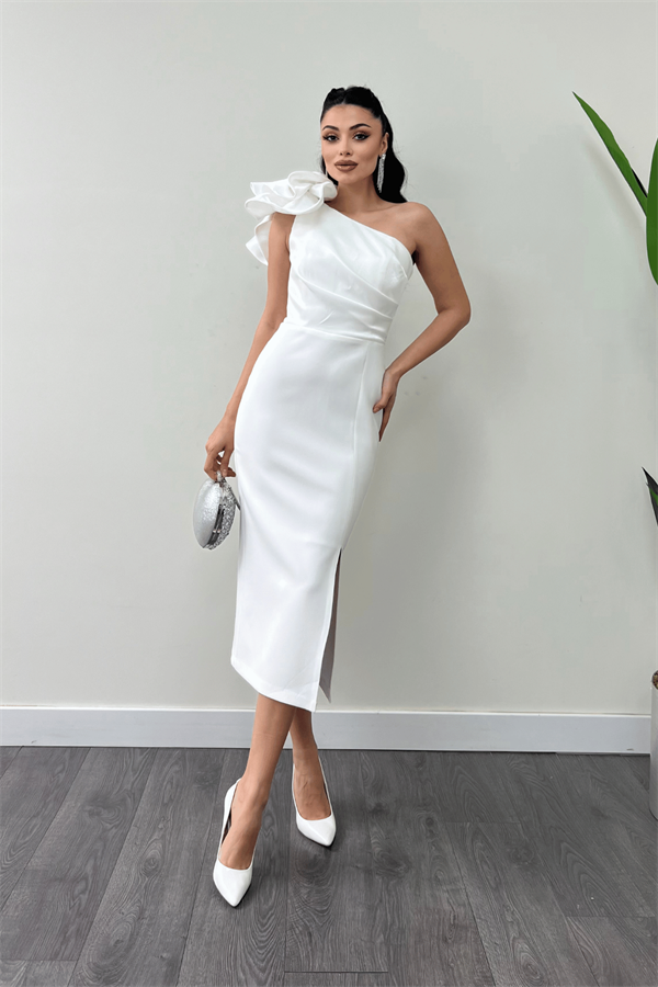 Atlas Kumaş Omuz Organze Detaylı Kalem Elbise - BEYAZ