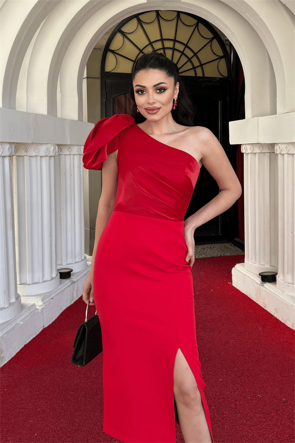 Atlas Kumaş Omuz Organze Detaylı Kalem Elbise - KIRMIZI
