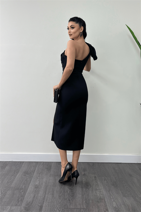 Atlas Kumaş Omuz Organze Detaylı Kalem Elbise - SİYAH