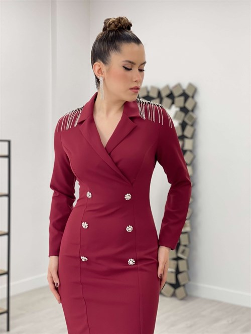 فستان جاكيت مزين مهدب على الكتف  قماش أطلس - بورجوندي