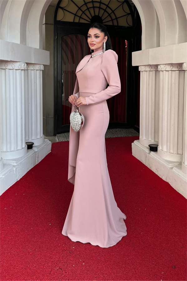 Atlas Kumaş Omuz Şal Detaylı Balık Elbise - PUDRA