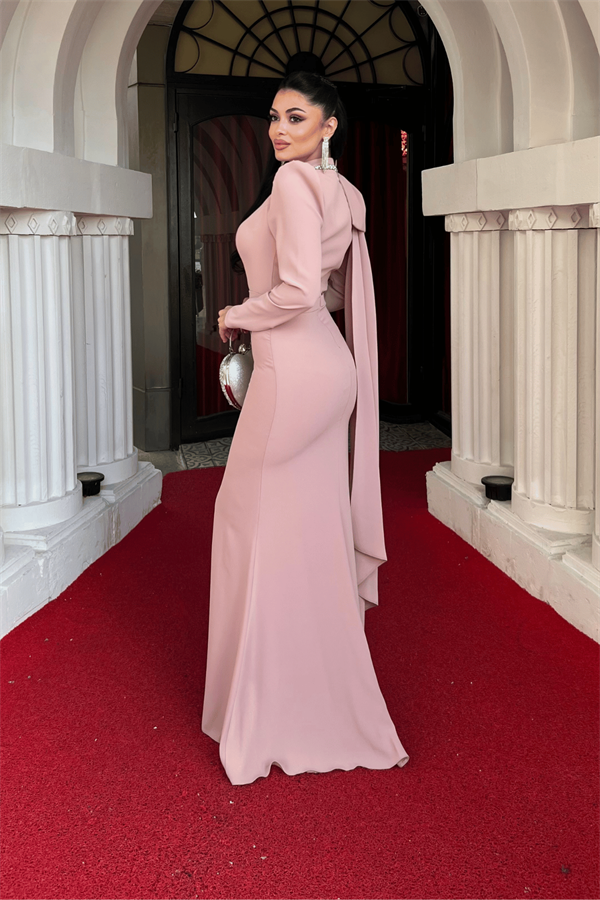 Atlas Kumaş Omuz Şal Detaylı Balık Elbise - PUDRA