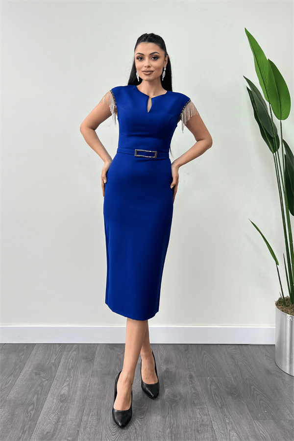 Atlas Fabric Shoulder Stone Tasseled Dress - Sax Blue