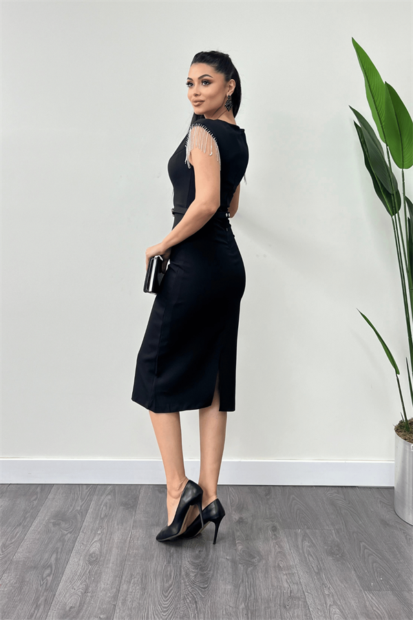 Atlas Fabric Shoulder Stone Tasseled Dress - Black