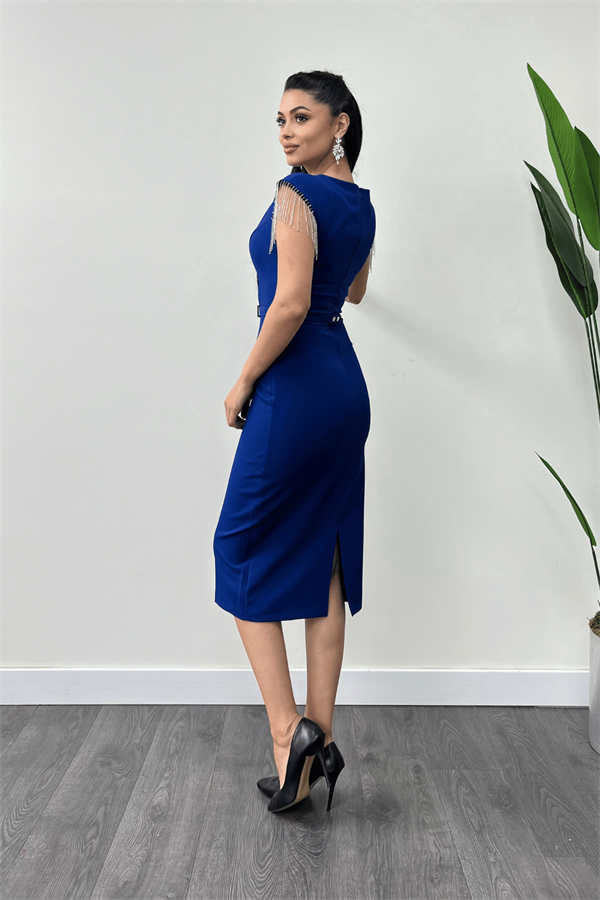 Atlas Fabric Shoulder Stone Tasseled Dress - Sax Blue