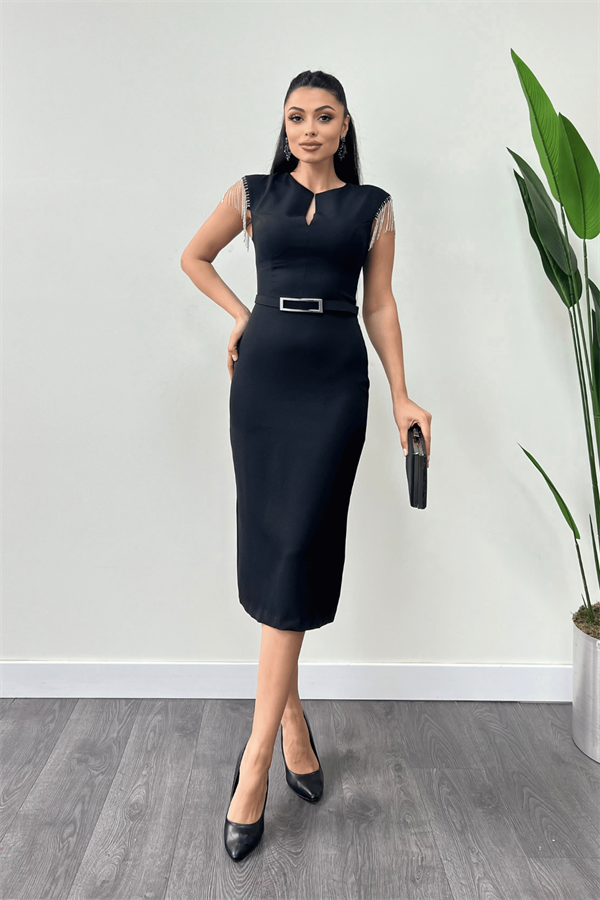 Atlas Fabric Shoulder Stone Tasseled Dress - Black