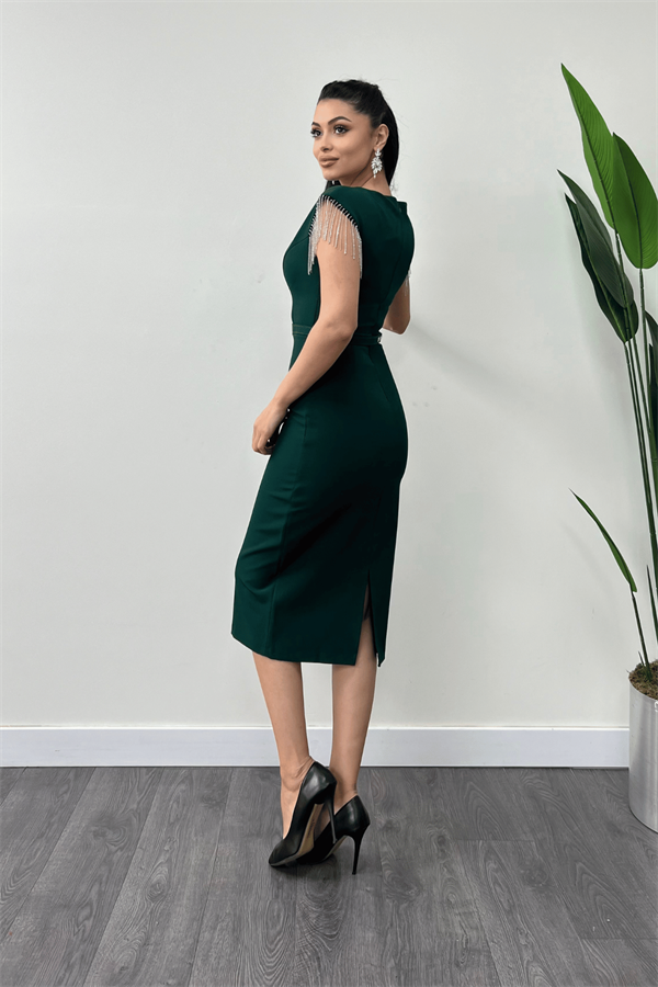 Atlas Fabric Shoulder Stone Tasseled Dress - Green