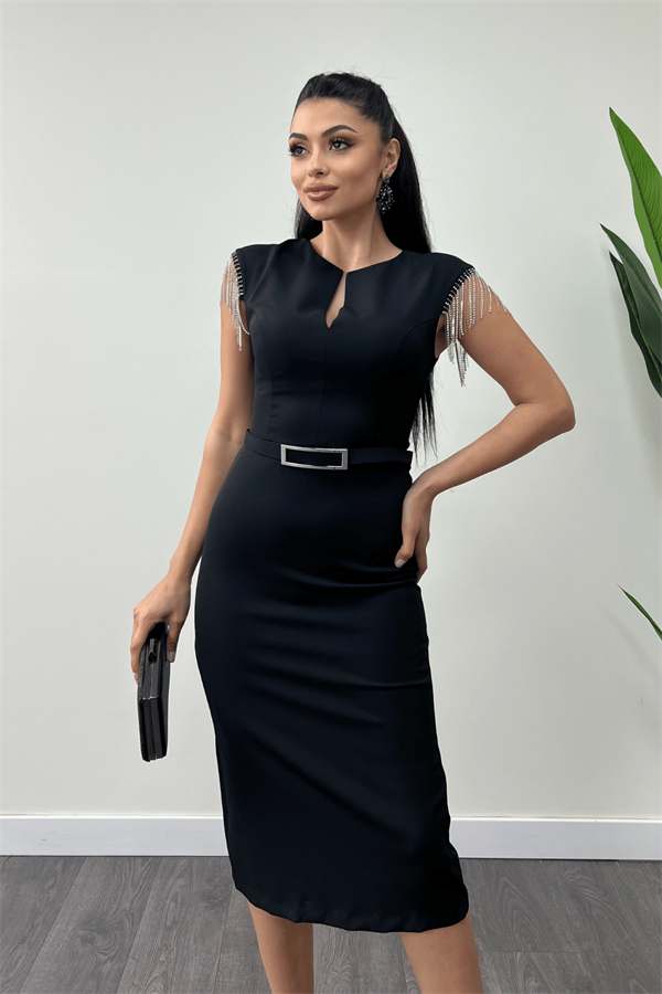 Atlas Fabric Shoulder Stone Tasseled Dress - Black