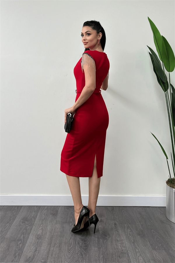 Atlas Fabric Shoulder Stone Tasseled Dress - Red