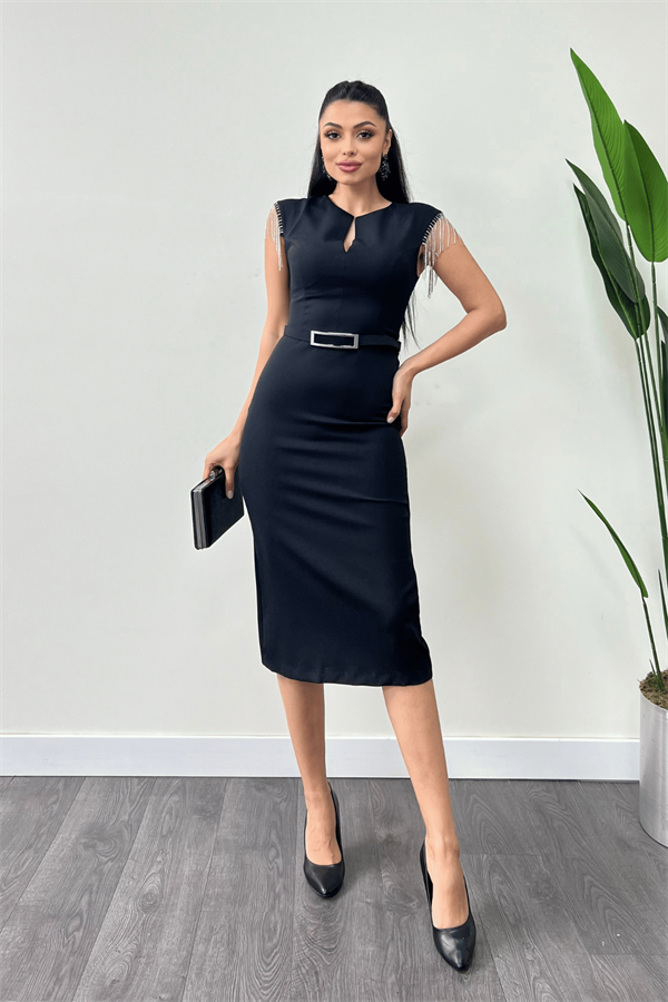 Atlas Fabric Shoulder Stone Tasseled Dress - Black