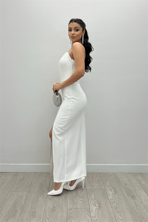 Atlas Kumaş Payet Askı Detaylı Kalem Elbise - BEYAZ