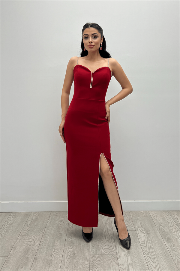 Atlas Kumaş Payet Askı Detaylı Kalem Elbise - BORDO